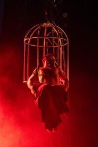 Performer inside a birdcage on stage with red lighting and smoke effects.