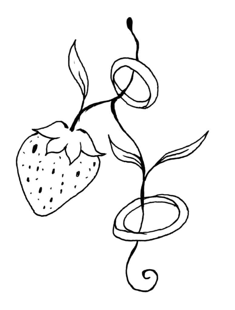 Simple line drawing of a strawberry and a ring with a vine.