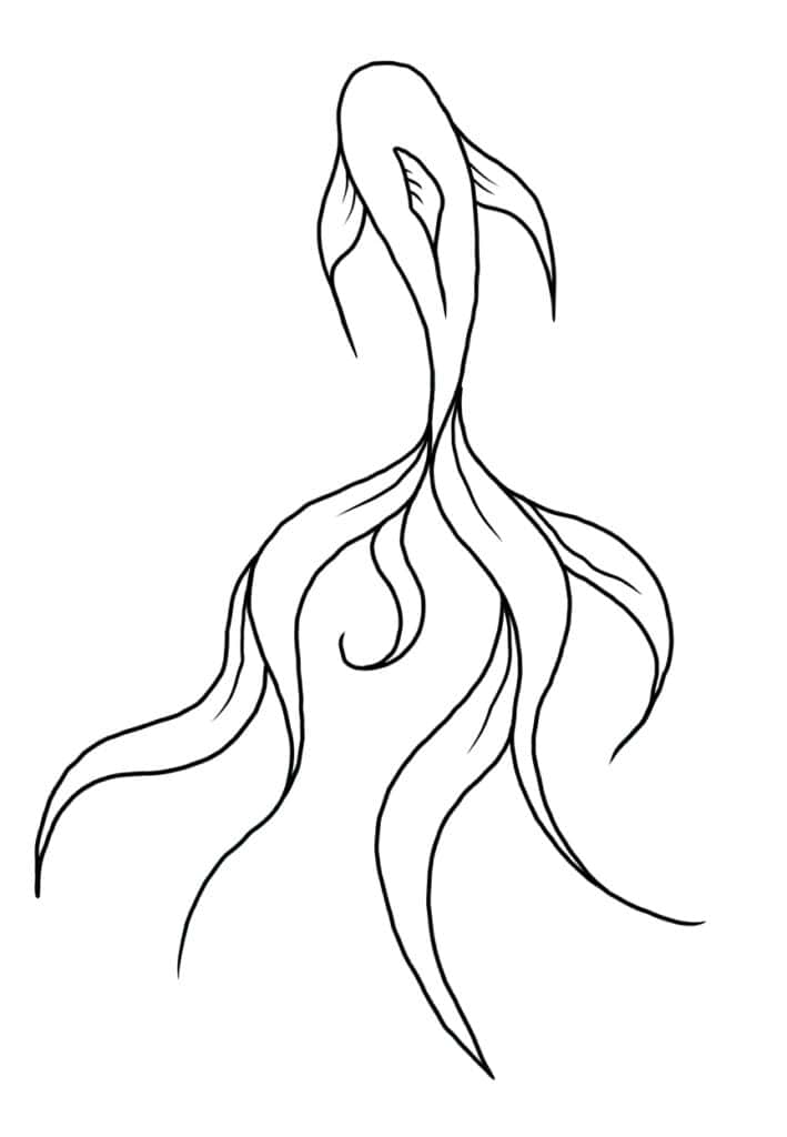 Line art of a graceful mermaid with flowing hair and tail, suitable for underwater-themed content.